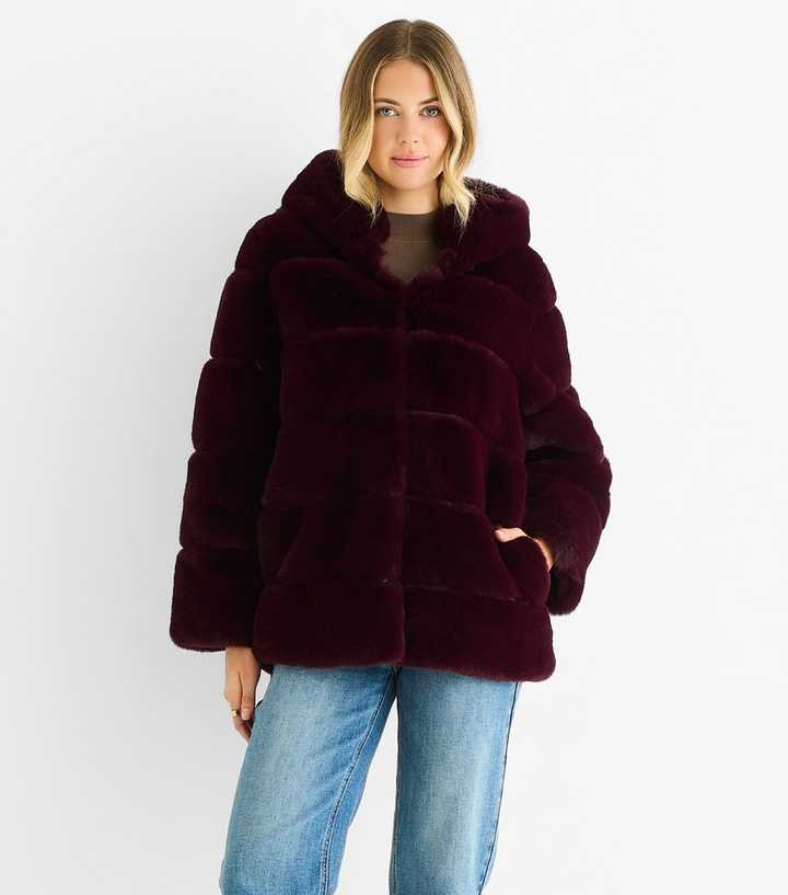 Gini London Light Burgundy Faux Fur Hooded Jacket