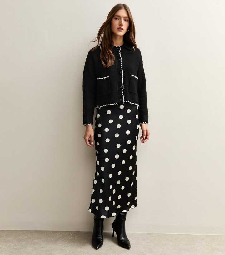 Black Polka Dot Bias Cut Midi Skirt