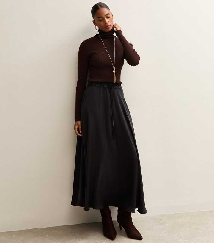 Black Crinkled Satin Circle Midi Skirt