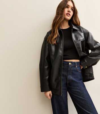 Black Faux Leather Oversized Bomber Jacket