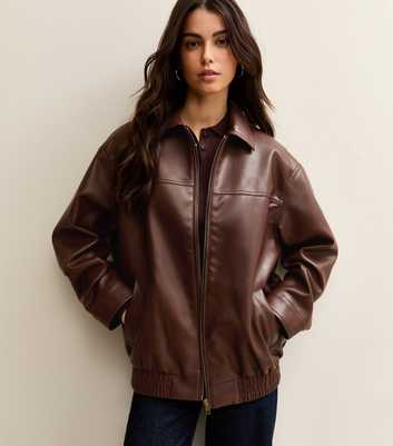 Dark Brown Faux Leather Oversized Bomber Jacket