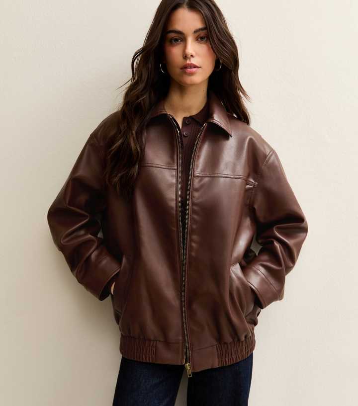 Dark Brown Faux Leather Oversized Bomber Jacket