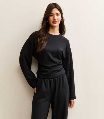 Black Ruched Waist Cropped Sweatshirt