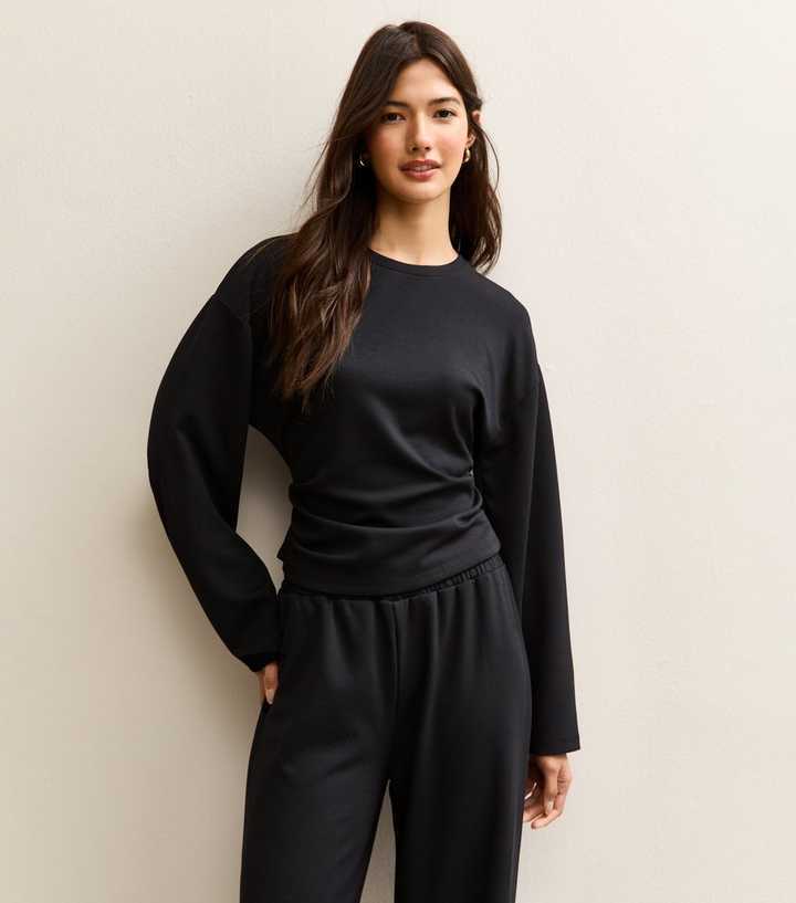 Black Ruched Waist Cropped Sweatshirt