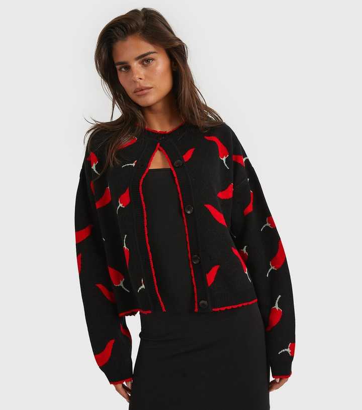 Skinnydip Black and Red Chilli Patterned Cardigan