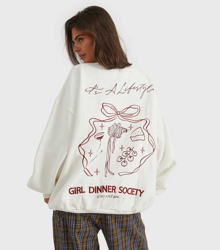 Skinnydip Ecru Girl Dinner Society Embroidered Sweatshirt