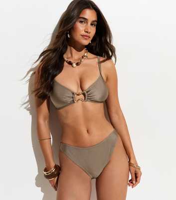 Light Brown Plain Abstract Ring Triangle Bikini Top