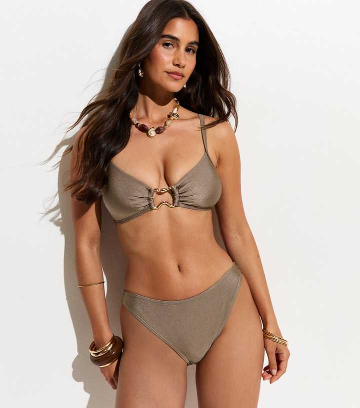 Light Brown Plain Abstract Ring Triangle Bikini Top