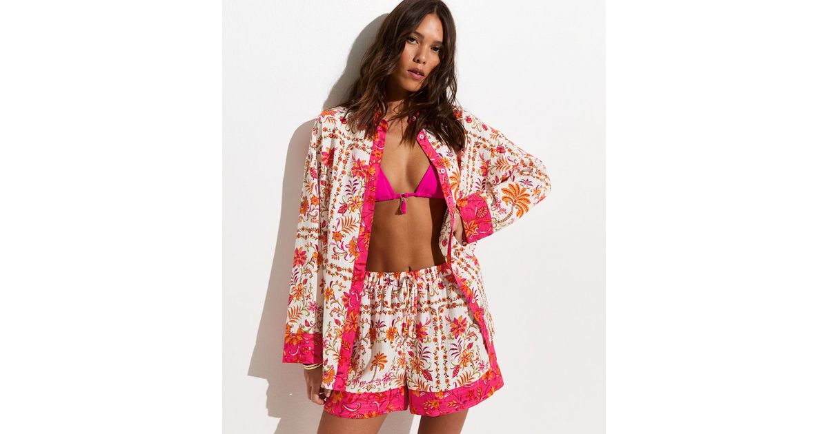 White Floral Print Oversized Woven Beach Shirt | New Look