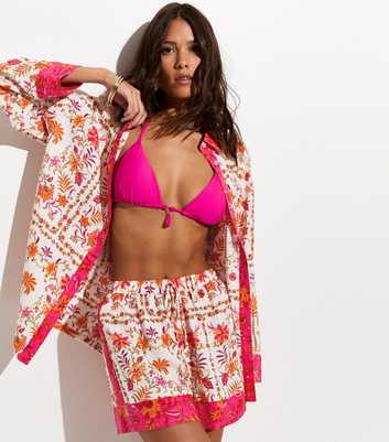 White Floral Print Woven Beach Shorts