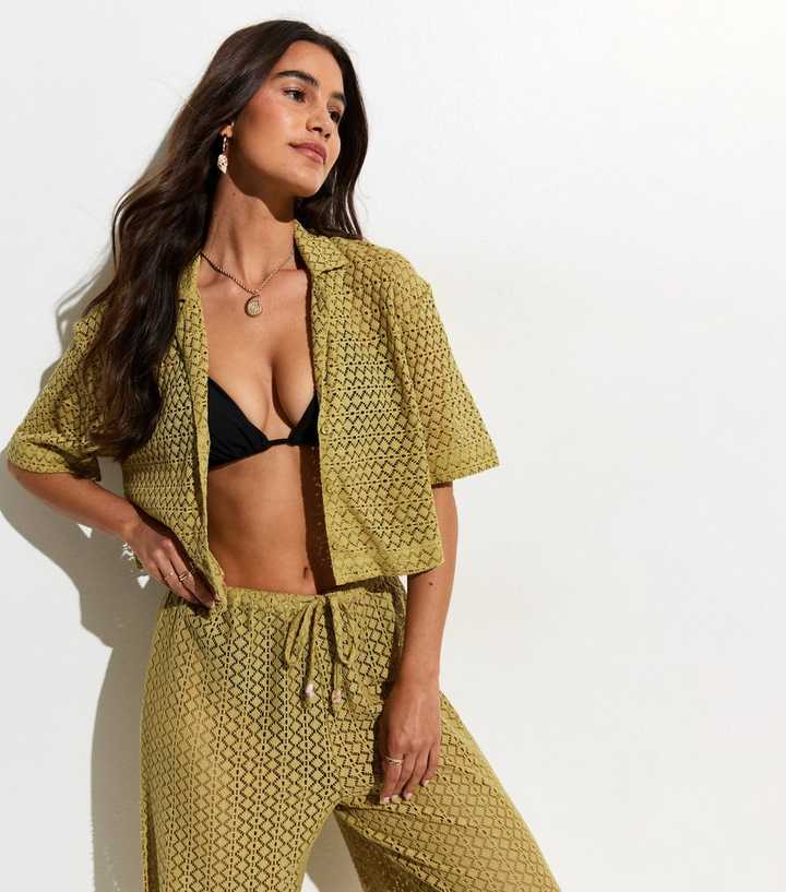 Green Crochet Knit Cropped Shirt
