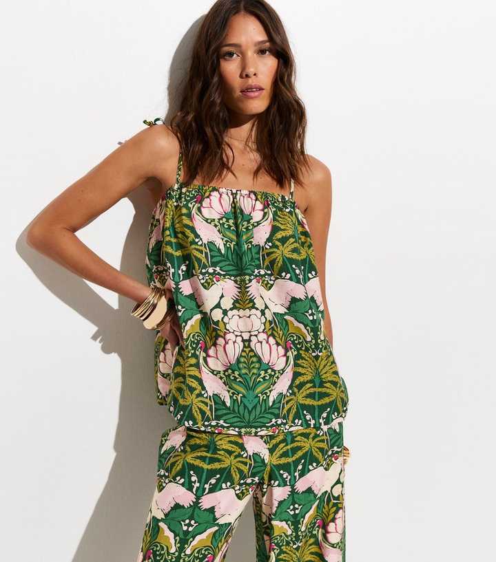 White Tropical Lotus Print Longline Bandeau Beach Cami Top