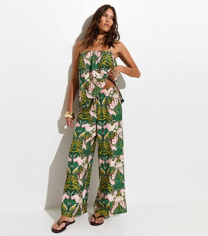 White Tropical Lotus Print Beach Trousers
