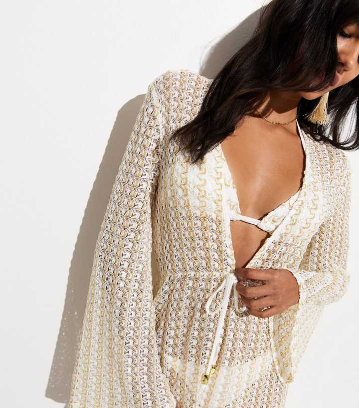 Gold Semi Sheer Lace Beach Kaftan Dress | New Look