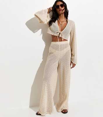 Off White Cotton Rich Crochet Knit Beach Trousers