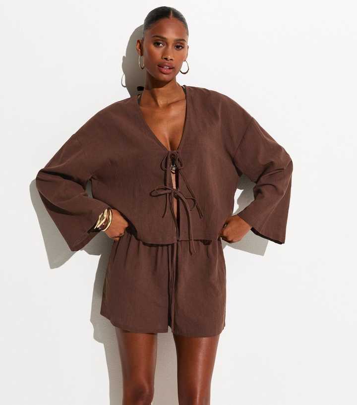 Brown Cotton Slub Tie Front Beach Shirt