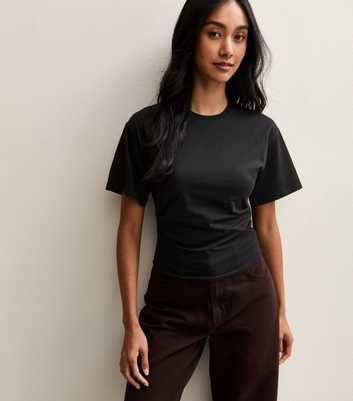 Black Ruched Waist Crew Neck T-Shirt