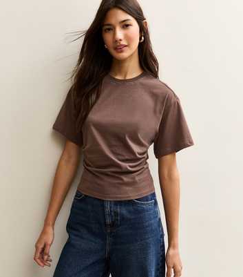 Dark Brown Ruched Waist Crew Neck T-Shirt