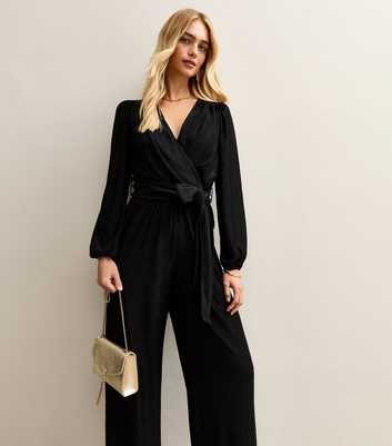 Black Crinkled Wide Leg Wrap Jumpsuit