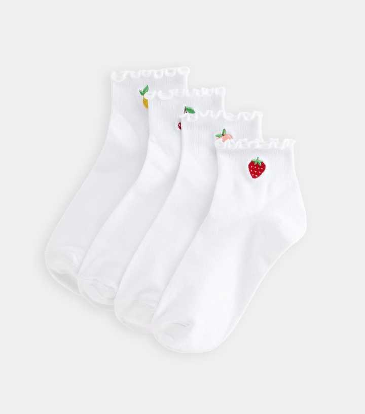 Pack of 4 White Fruit Embroidered Socks