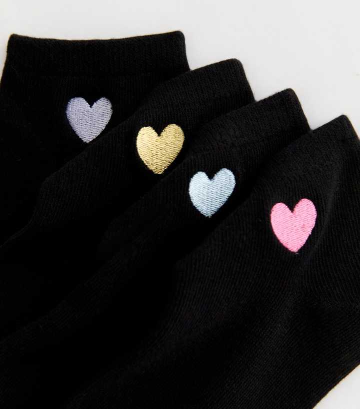 Pack of 4 Black Heart Embroidered Trainer Socks