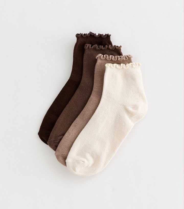 Pack of 4 Brown Frill Trim Ankle Socks