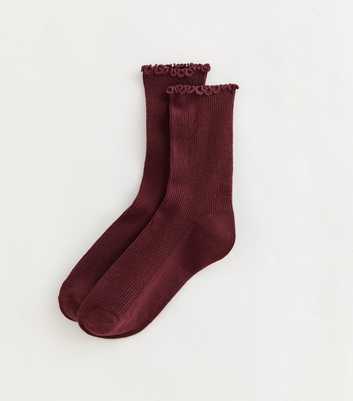 Burgundy Ribbed Frilly Trimmed Socks