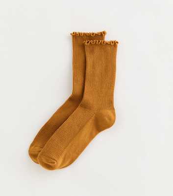 Dark Yellow Ribbed Frilly Trimmed Socks