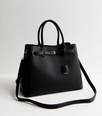 Black Faux Leather Triple Compartment Tote Bag
