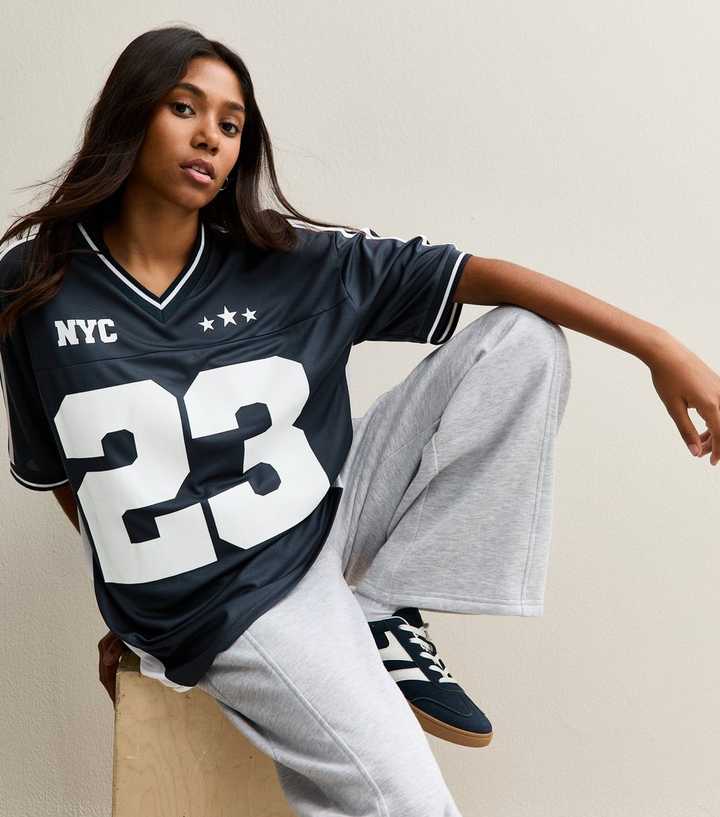 Navy Oversized V-Neck Football Top
