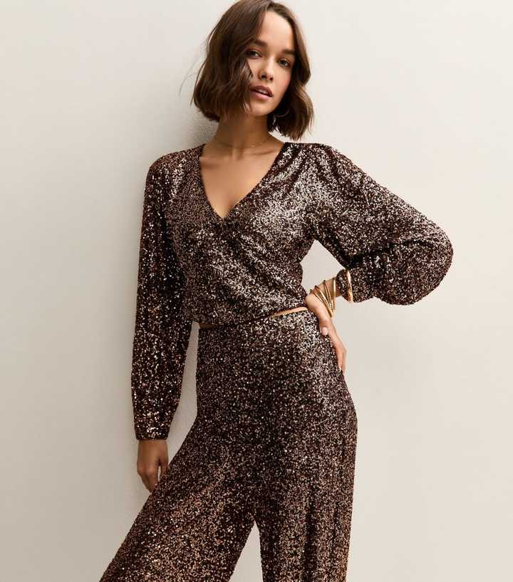 Mid Brown Sequinned Long Sleeve Top