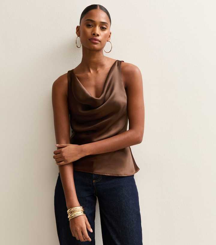 Dark Brown Satin Cowl Neck Cami Top