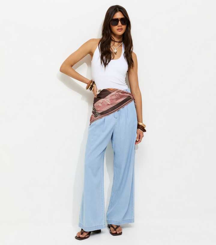 Light Blue Pleated Wide Leg Trousers