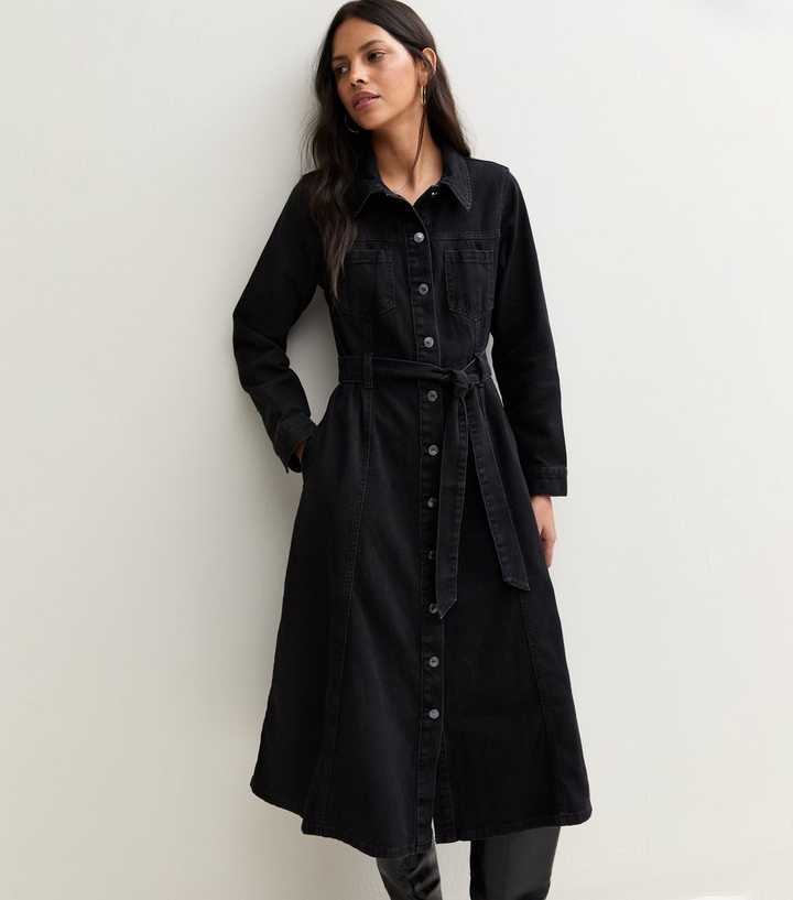 Black Denim Long Sleeve Shirt Midi Dress