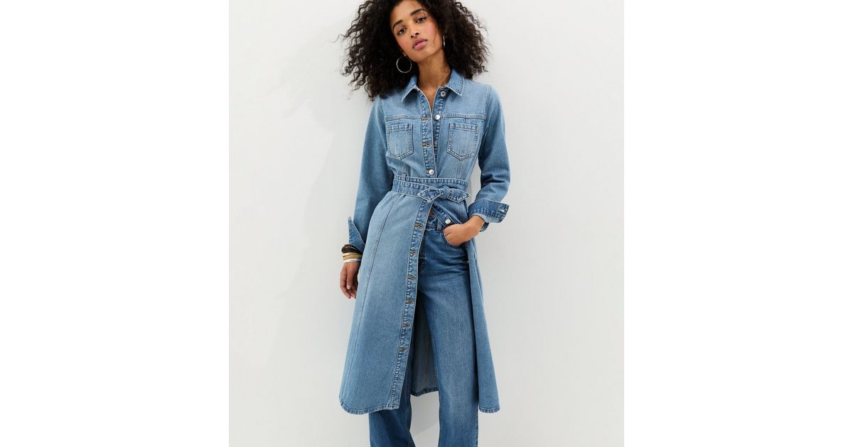Light Blue Denim Long Sleeve Shirt Midi Dress