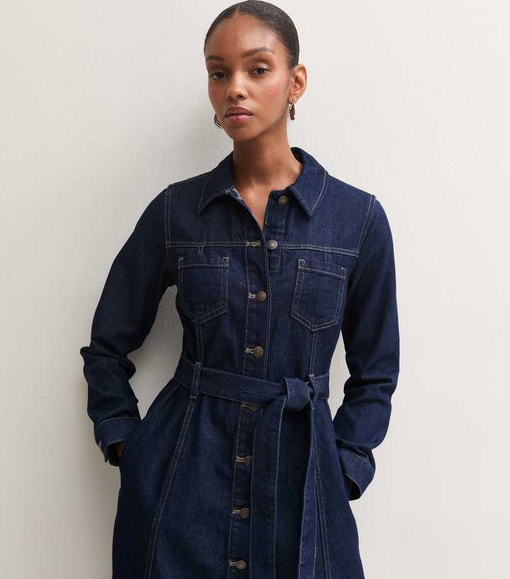 ladies long denim shirt dress Navy Sleeve Midi oversized denim dress