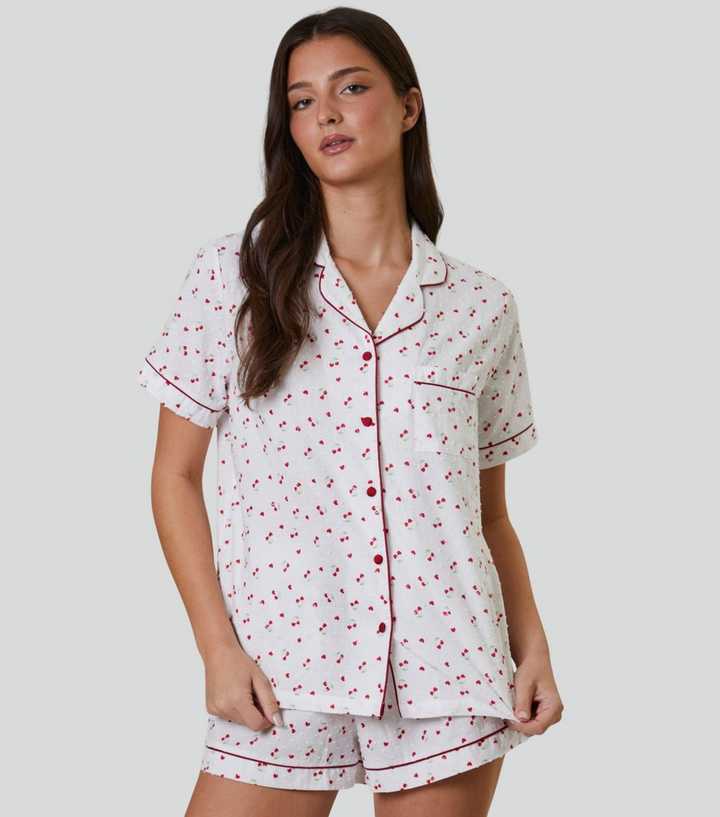 Loungeable White Heart Cherry Print Pyjama Set