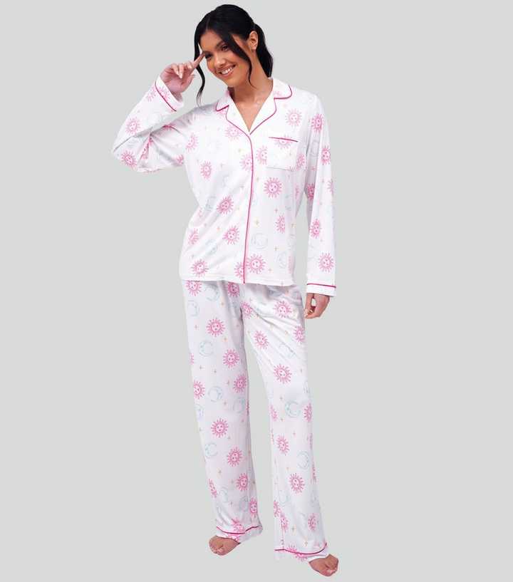 Loungeable White Celestial Print Long Sleeve Shirt and Trousers Pyjama Set