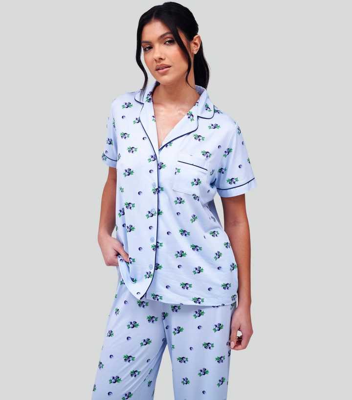 Loungeable Blue Blueberry Print Short Sleeve Shirt and Trousers Pyjama Set