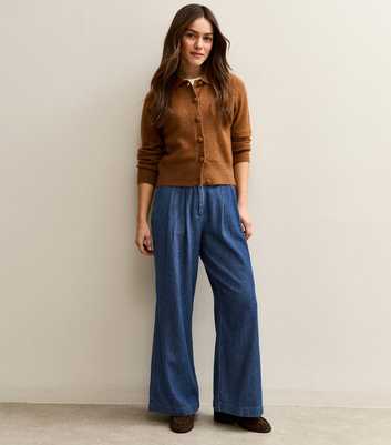 Petite Blue Denim Pleated Wide Leg Trousers