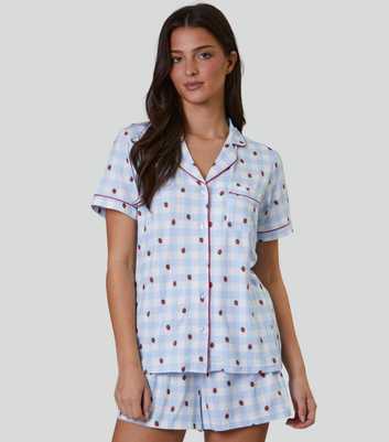 Loungeable Blue Checked Strawberry Print Pyjama Set