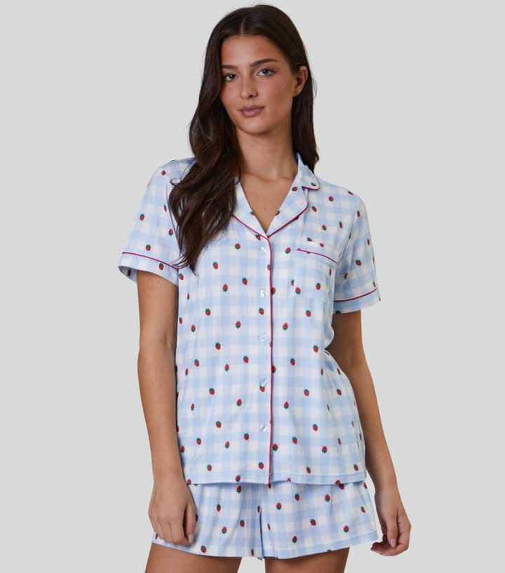 Loungeable Blue Checked Strawberry Print Pyjama Set