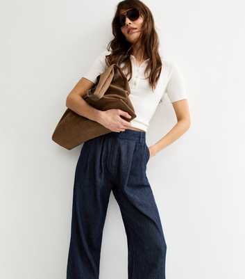Tall Dark Blue Denim Pleated Wide Leg Trousers