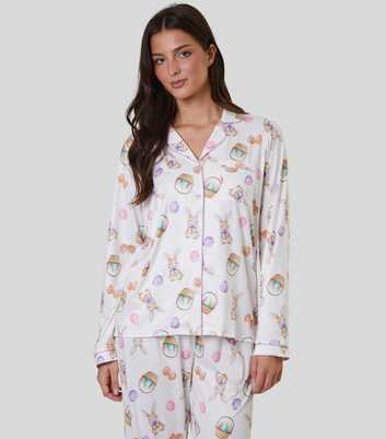 Loungeable White Easter Bunny Print Long Sleeve Shirt and Trouser Pyjama Set