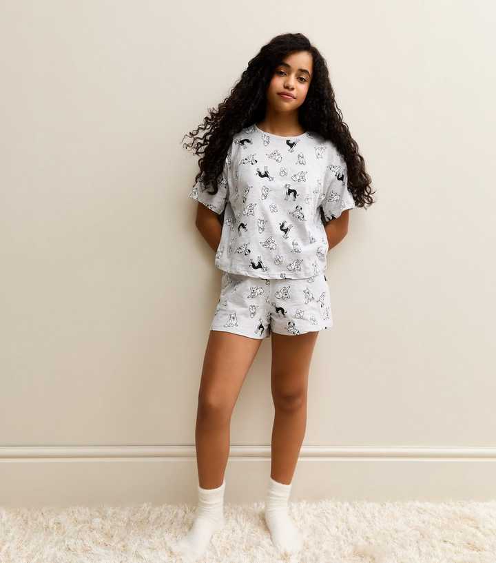 Girls Light Grey Dog Print T-Shirt and Shorts Pyjama Set