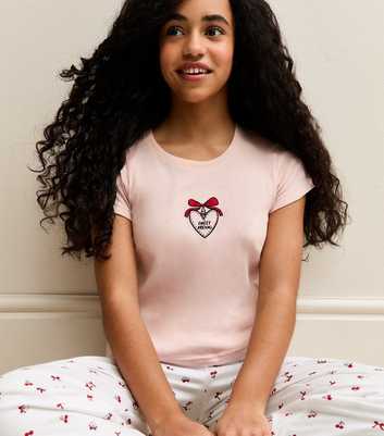 Girls Light Pink Embroidered Heart T-Shirt and Printed Bottoms Pyjama Set