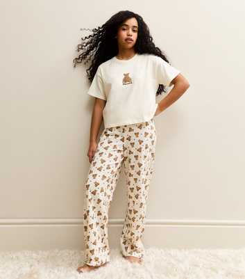 Girls Cream Teddy Bear T-Shirt and Bottoms Pyjama Set