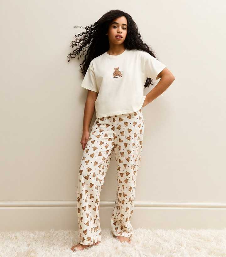 Girls Cream Teddy Bear T-Shirt and Bottoms Pyjama Set
