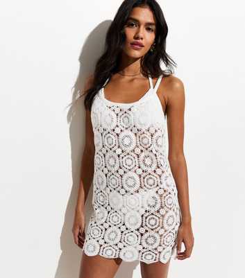 White Floral Mini Beach Crochet Dress