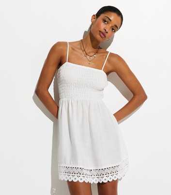 White Lace Trim Shirred Mini Dress